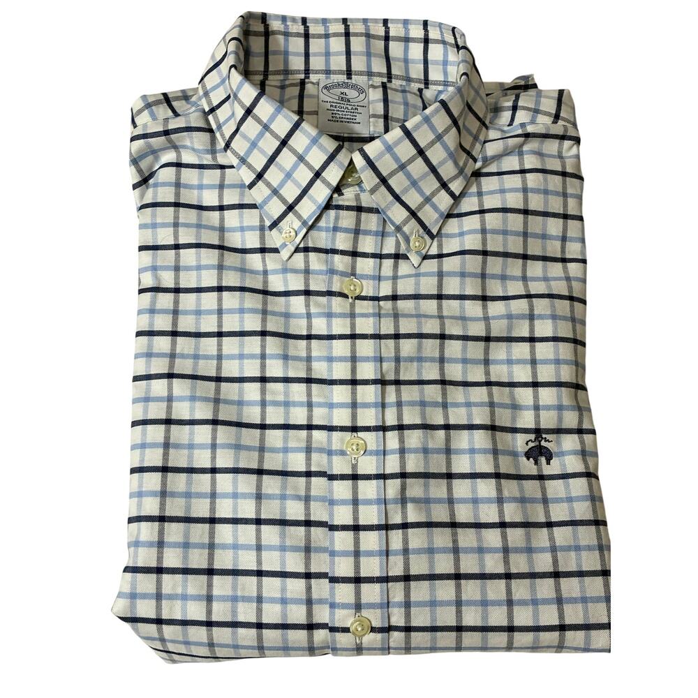 Brooks Brothers Original Polo Shirt Mens Button-Down Blue Windowpane pattern XL